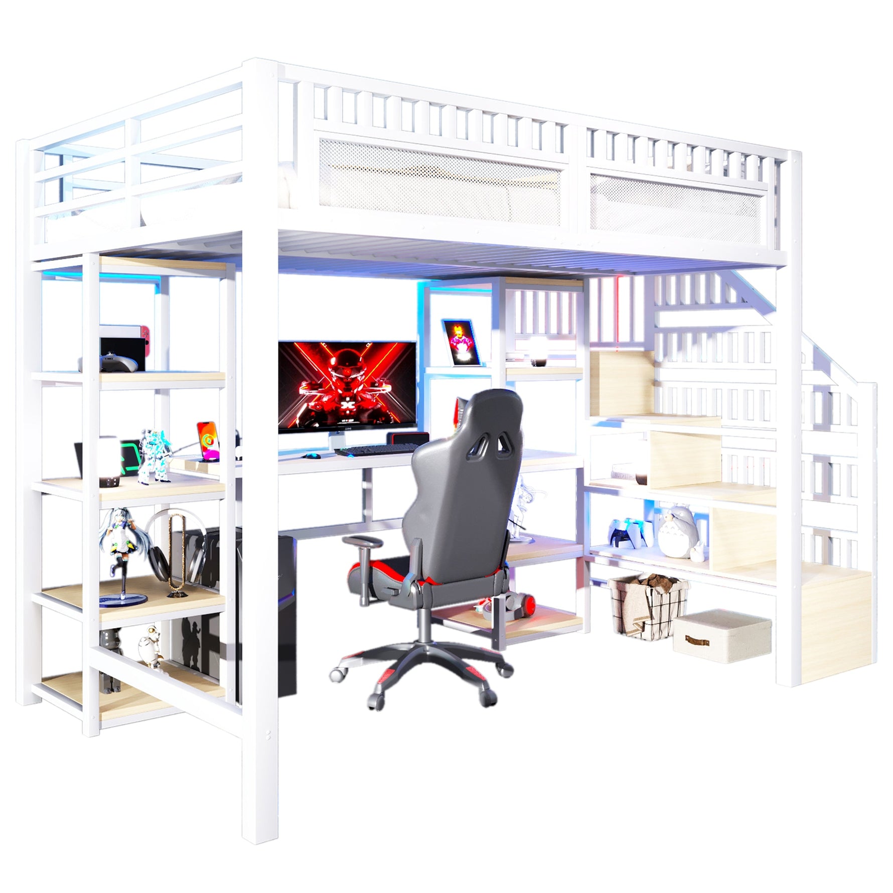 Loft Bed with Desk, Storage Ladder, LED Lights and USB Port, White Metal and MDF