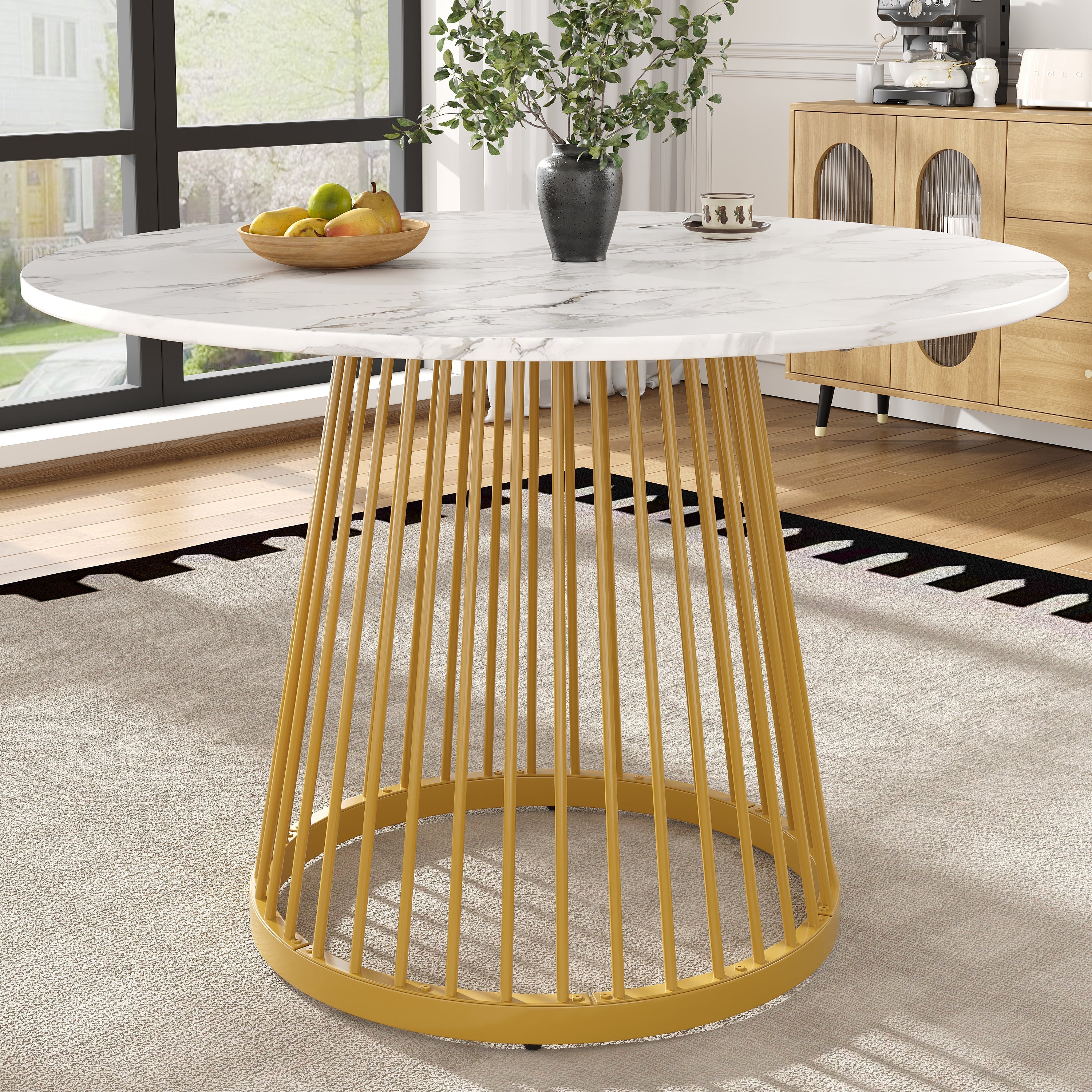 Round Dining Table 80cm 4-Person MDF Marbled Top Gold Legs