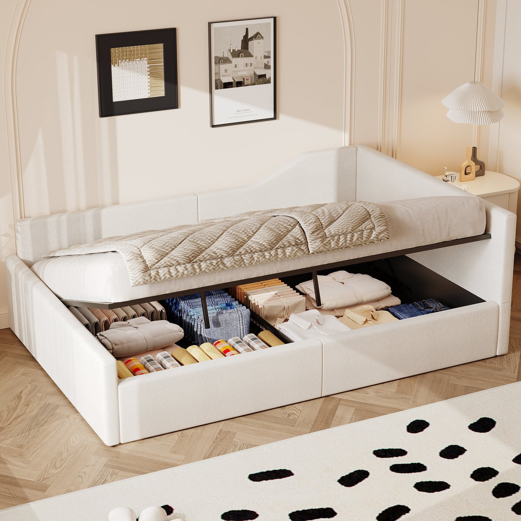 Upholstered Daybed, 140x200 with Under-bed Storage, Beige