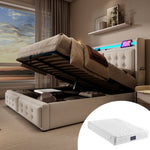 Upholstered Bed 140x200 Double LED Headboard USB Hydraulic Storage, Beige Cotton (with Mattress)