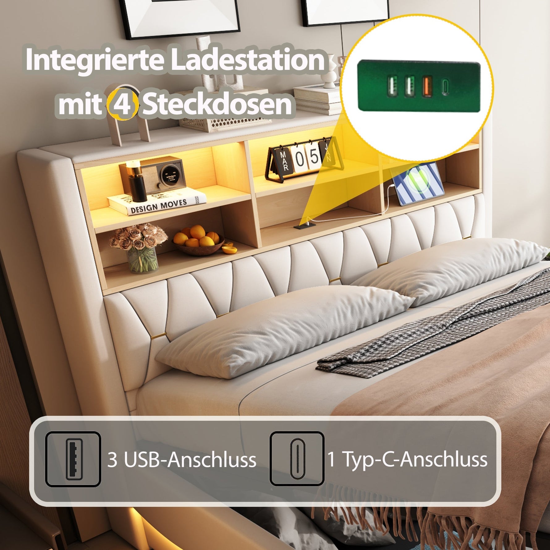 Upholstered Bed 180x200 Hydraulic Storage LED/USB Linen Beige