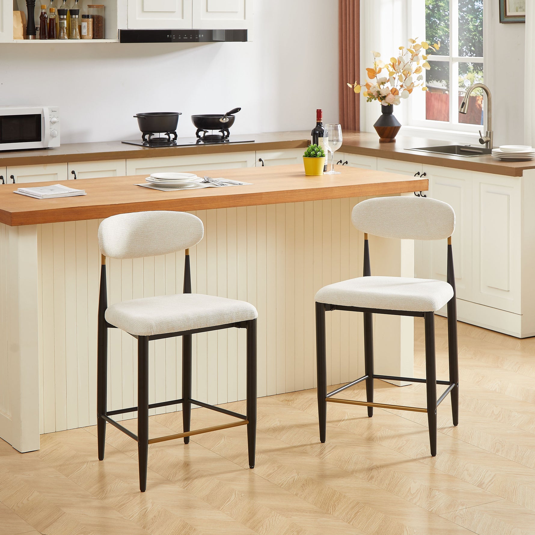 2-Pack Counter Height Bar Stools French Country Upholstered Curved Back - Black/Coffee Frame Cream Fabric