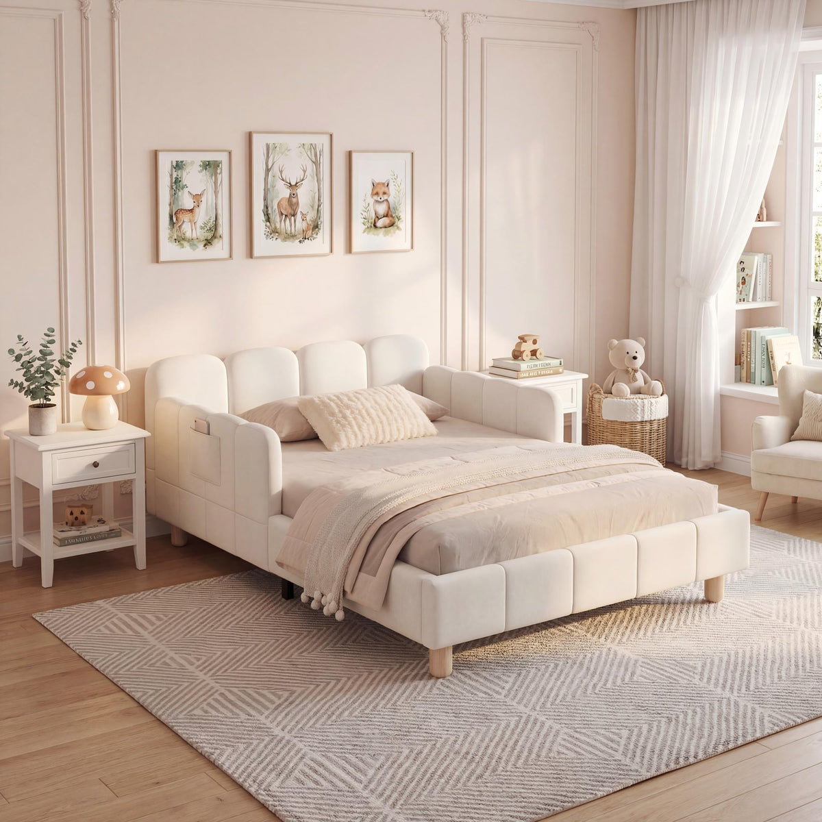 Upholstered Children's Single Bed with Headboard and Safety Rail, 90x200cm, Beige Velvet