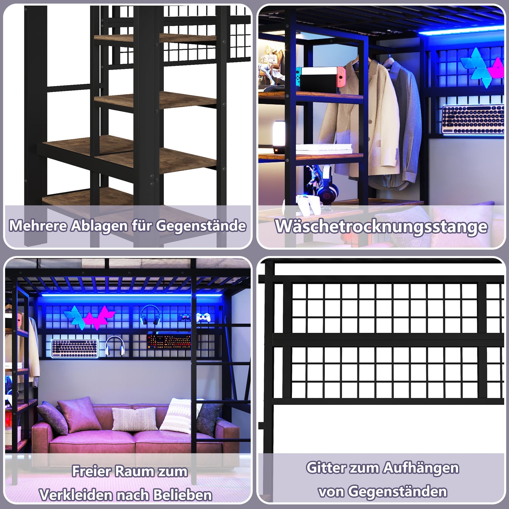 Loft Bed with Storage Shelves, Clothes Rail and LED Light Strip, Black Metal
