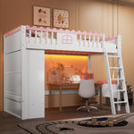 Bunk Bed with LED Lights, Wardrobe & Drawer, White Pine Wood