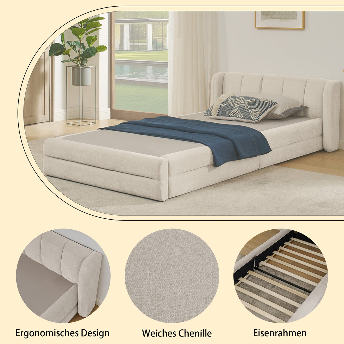 Single Bed 90x200cm Comfortable Headboard Chenille Beige
