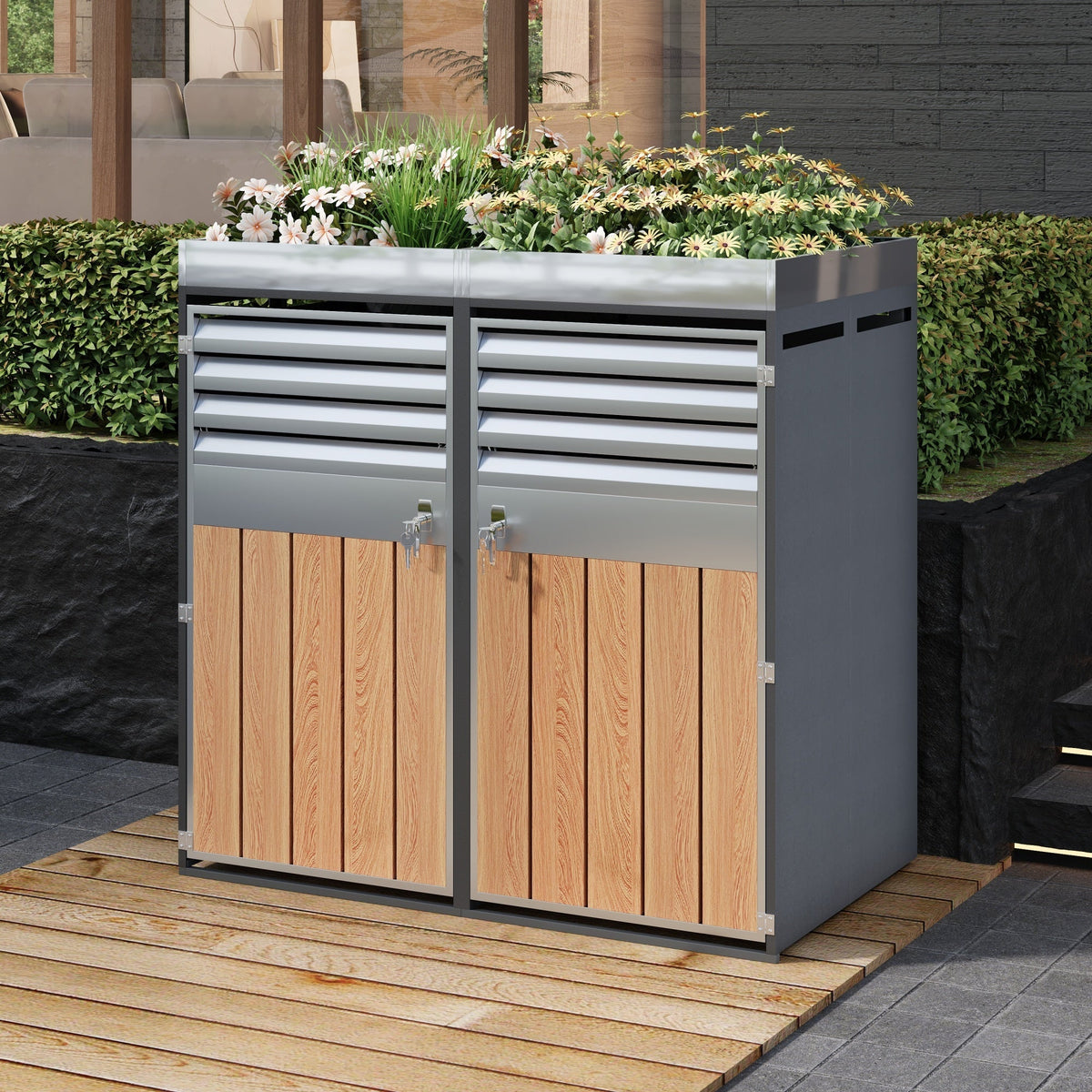 Garbage Can Enclosure with Ventilated Storage, Lockable Double Doors and Planting Area, Galvanized Steel