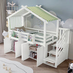 Bunk Bed, Safety Gate, Wardrobe, Lockers, Stairs, 90x200cm, White & Green Pine+MDF+Plywood