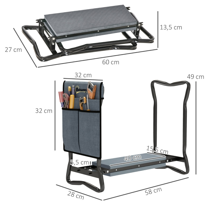Folding Garden Kneeling Bench Knee Cushion Tool Pockets 150kg - Grey