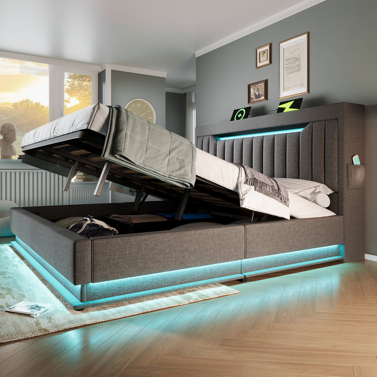 Upholstered Double Bed 180x200 with Storage & LED, Grey Linen