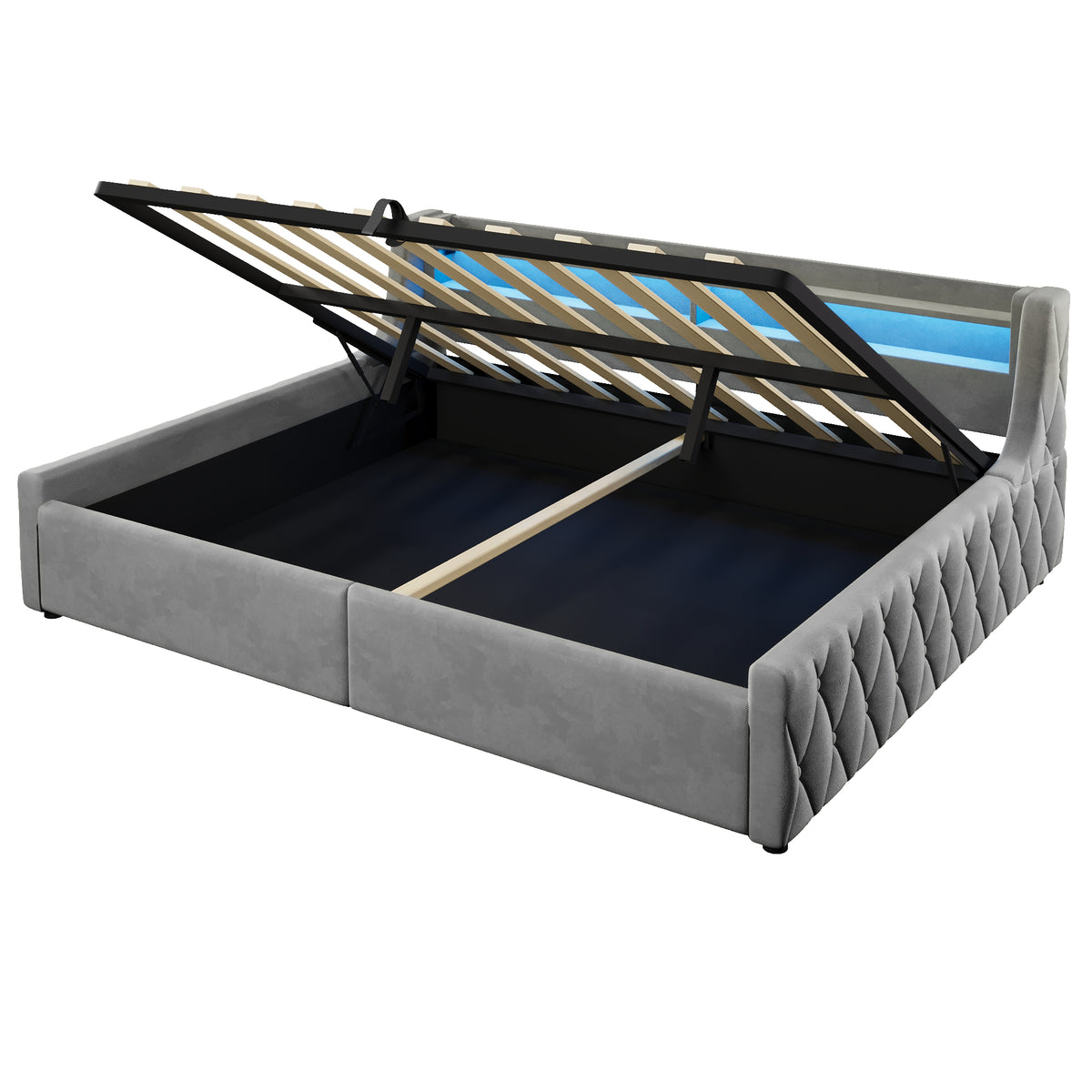 Platform Bed 140x200 with Hydraulic Storage & LED, Grey Velvet