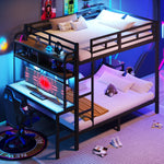 Bunk Bed with Desk, Storage, LED Light and USB Port, 140 x 200 cm, Black Iron
