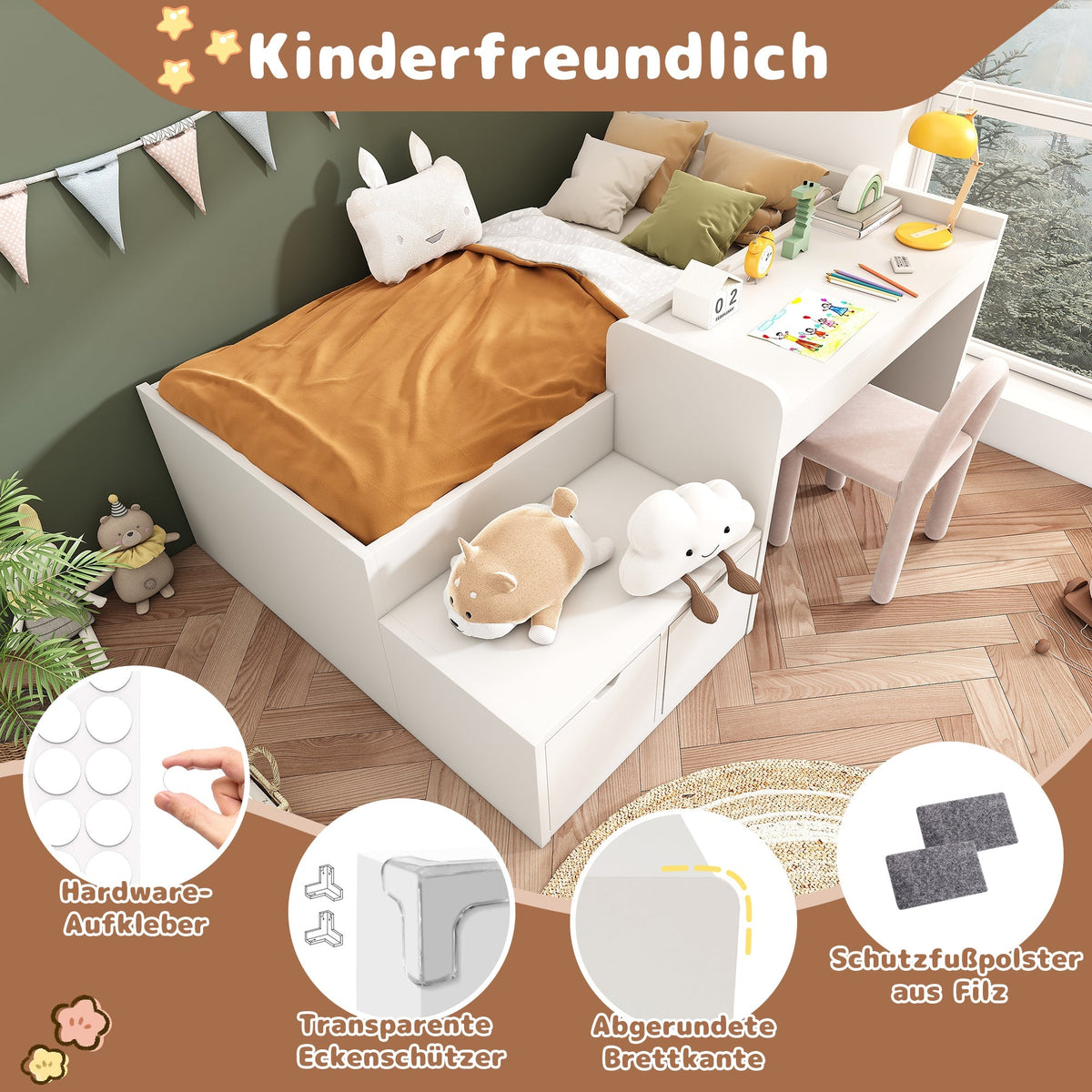Children's Bed, Solid Wood Single with Desk & Drawers, White