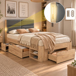 Single Storage Bed 90x200cm with USB & Drawers, Natural Wood