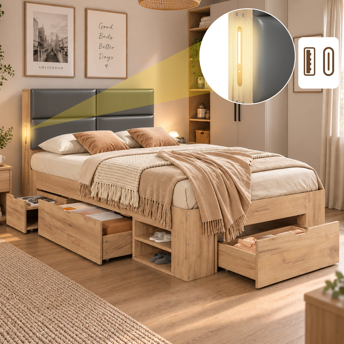 Single Storage Bed 90x200cm with USB & Drawers, Natural Wood