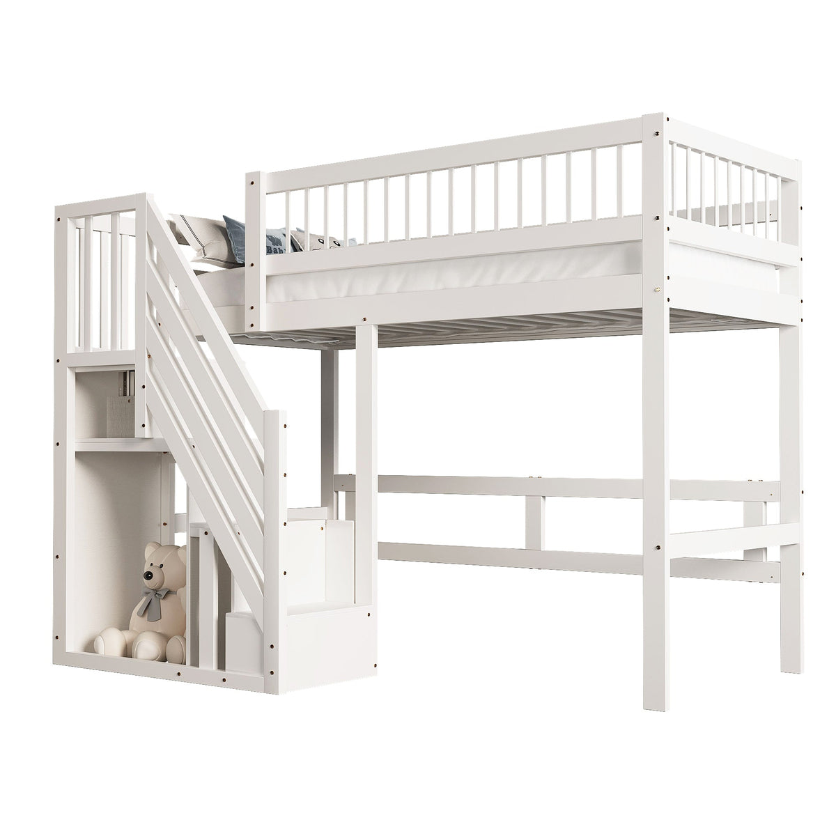 Solid Wood Bed 90*200, Storage Stairs, Children's Youth Single, White