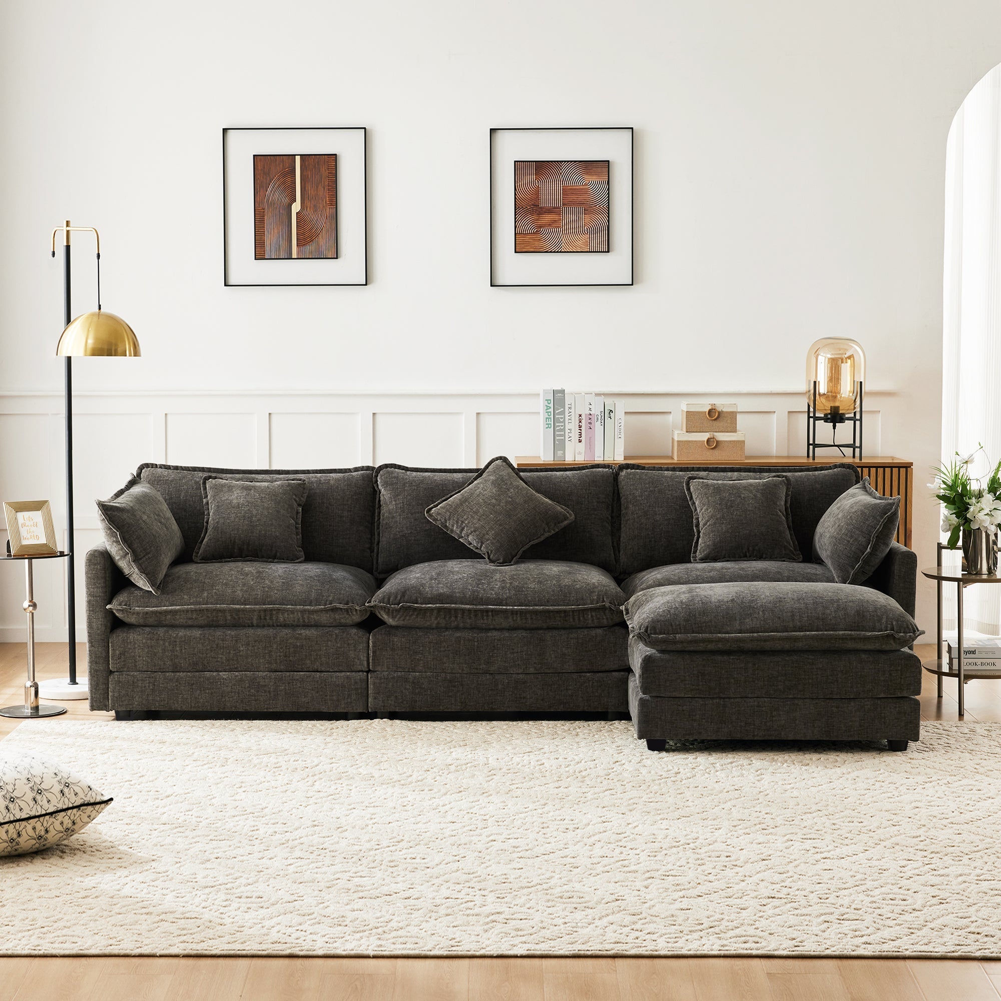 L-Shaped Corner Sofa with Footrest, 3-Seater Upholstered, Chenille Fabric