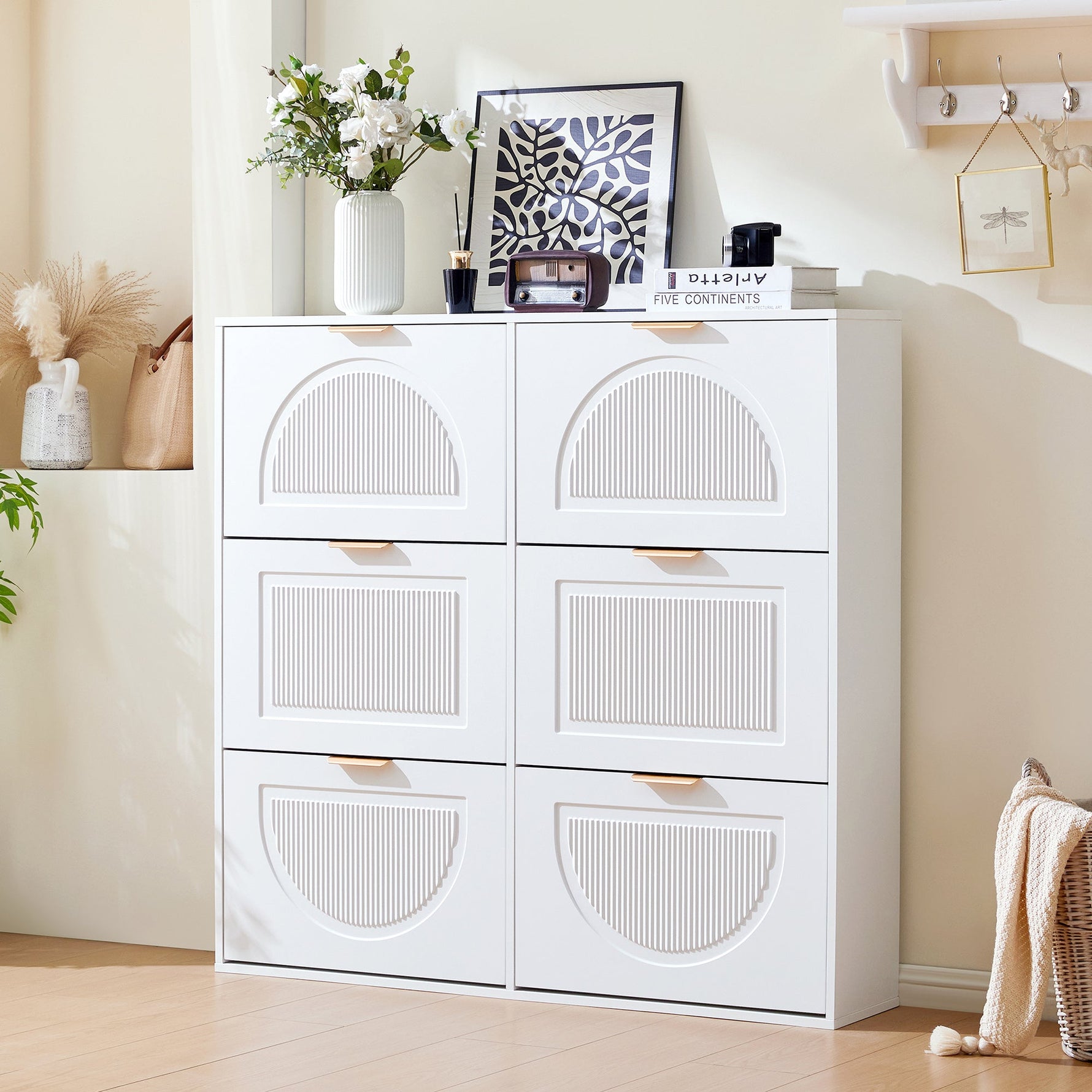 Shoe Cabinet 6 Flaps Open Shelves Freestanding 118x115x25cm - White
