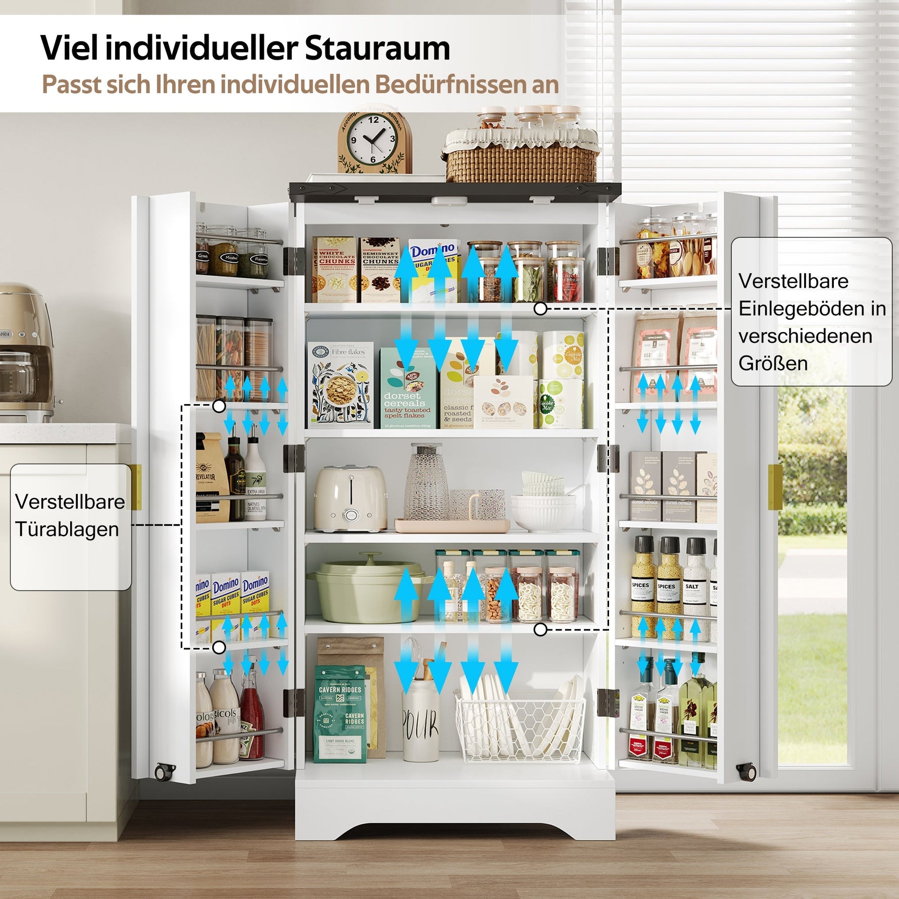 Kitchen Cabinet with LED Light, Spice Rack, Adjustable Shelves, Double Doors - White