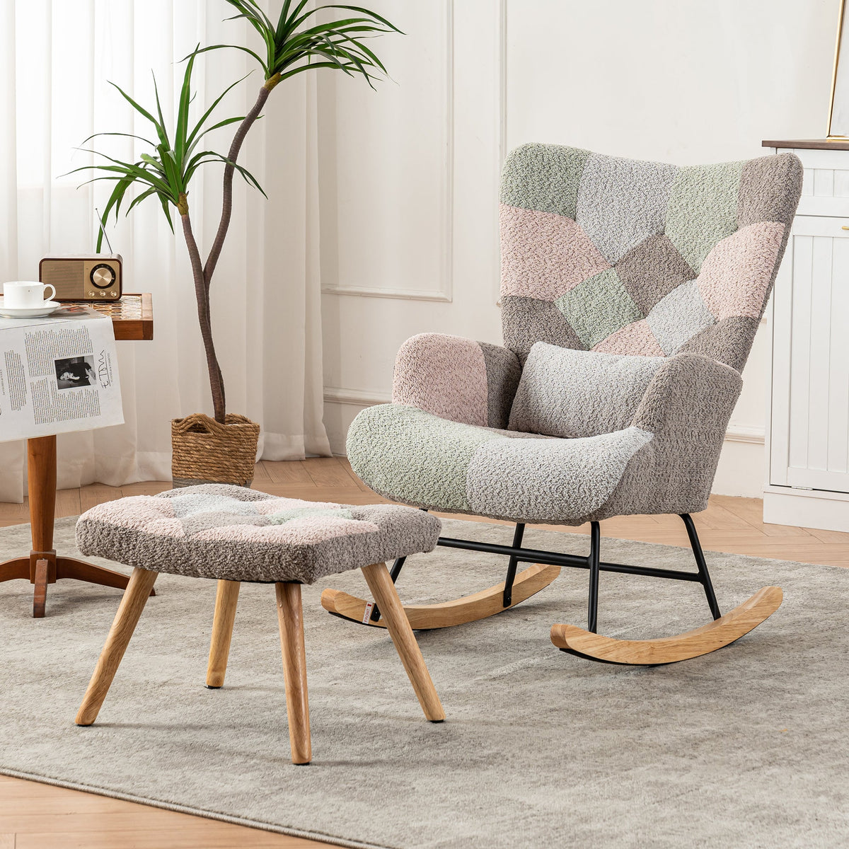 Rocking Chair with Footrest & Lumbar Cushion, Sturdy Rubberwood, Multicolored