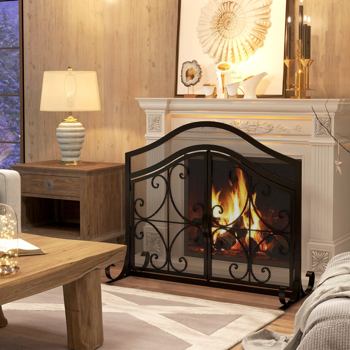 Fireplace Screen, Magnetic Doors, Spark Guard, Steel Black