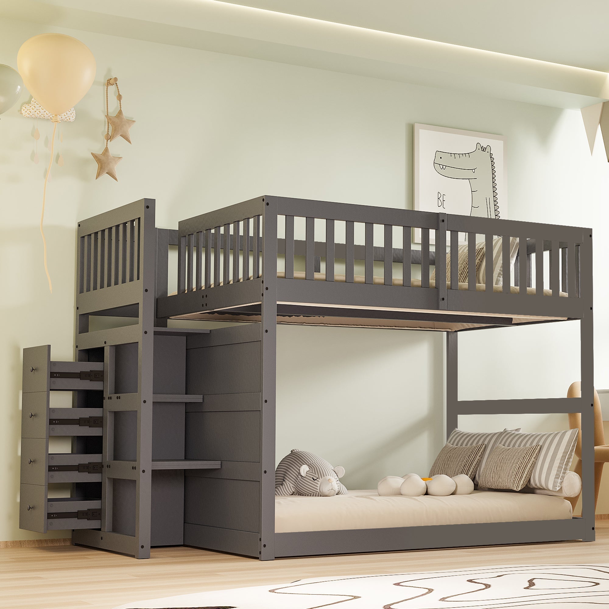Low Bunk Bed, 140x200cm Safety with Storage, Wooden, Grey