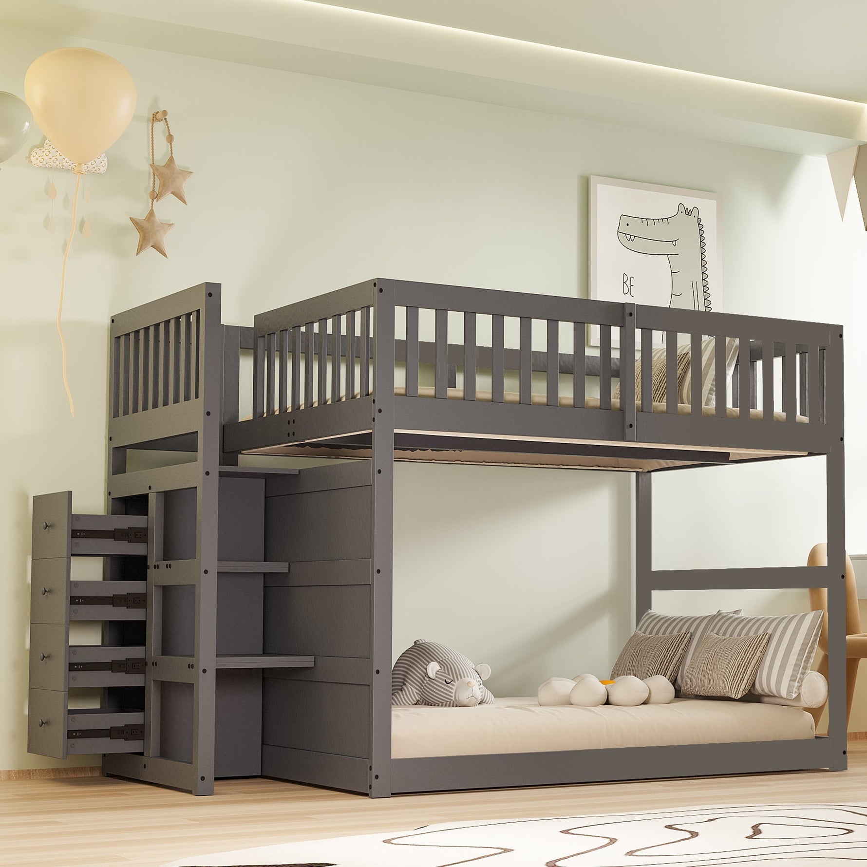Low Bunk Bed, 140x200cm Safety with Storage, Wooden, Grey