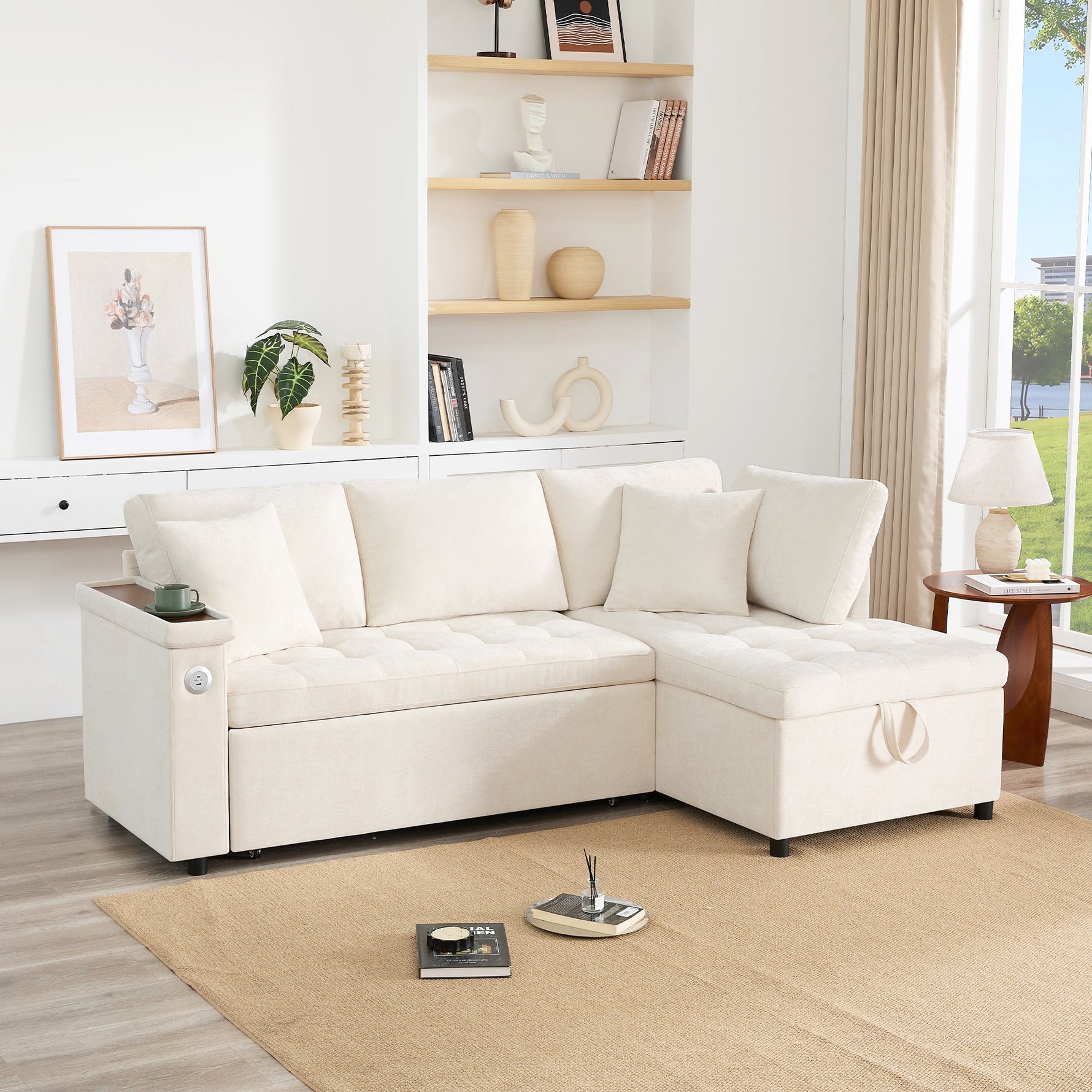 Modern L-shaped Sofa Bed with Storage, USB Charger, and Cushions, Beige