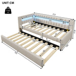 Daybed with LED Light Strip and Pull-out Bed, USB + Type-C, Beige Linen