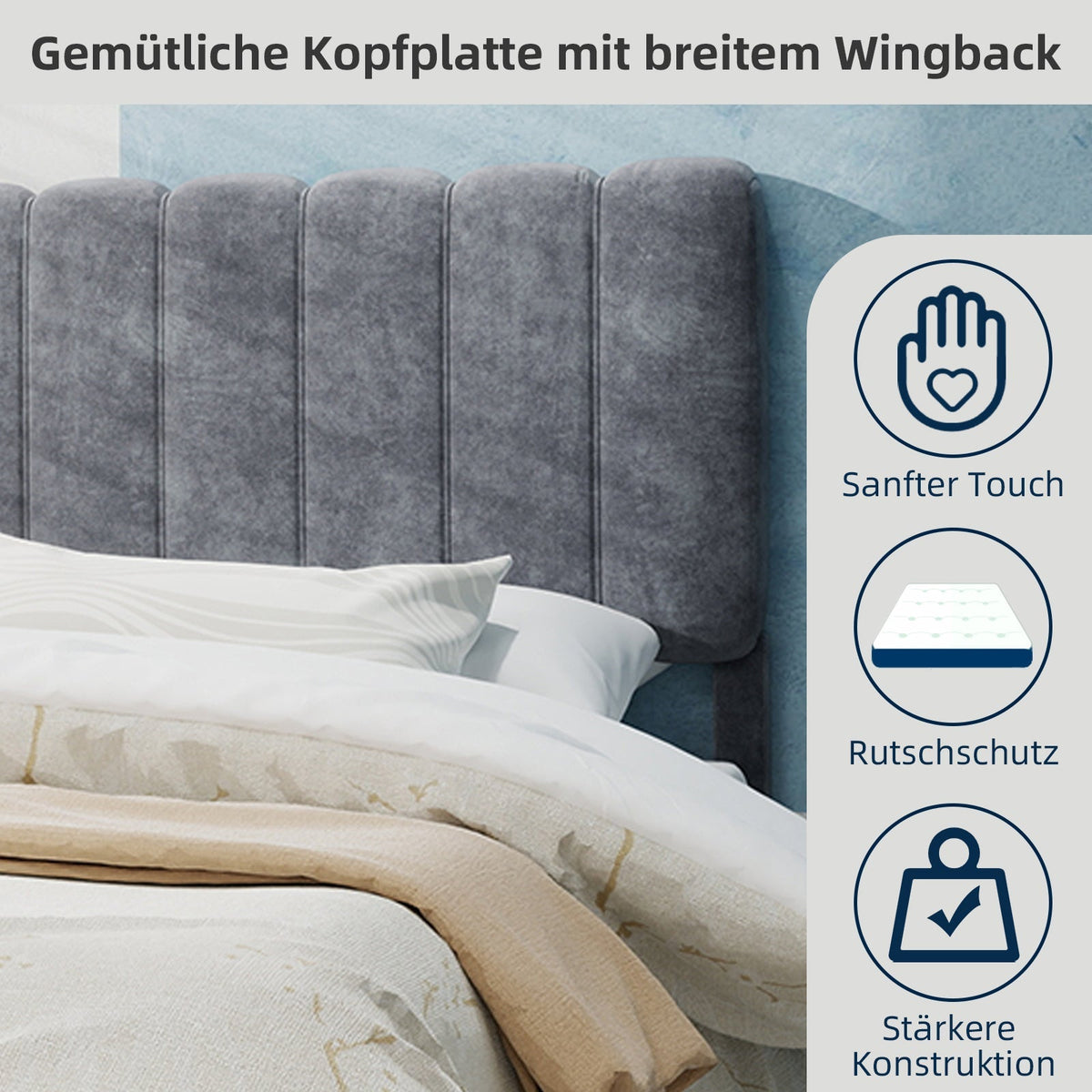 Upholstered Bed, Modern Minimalist Soft Headboard, 140x200cm Grey