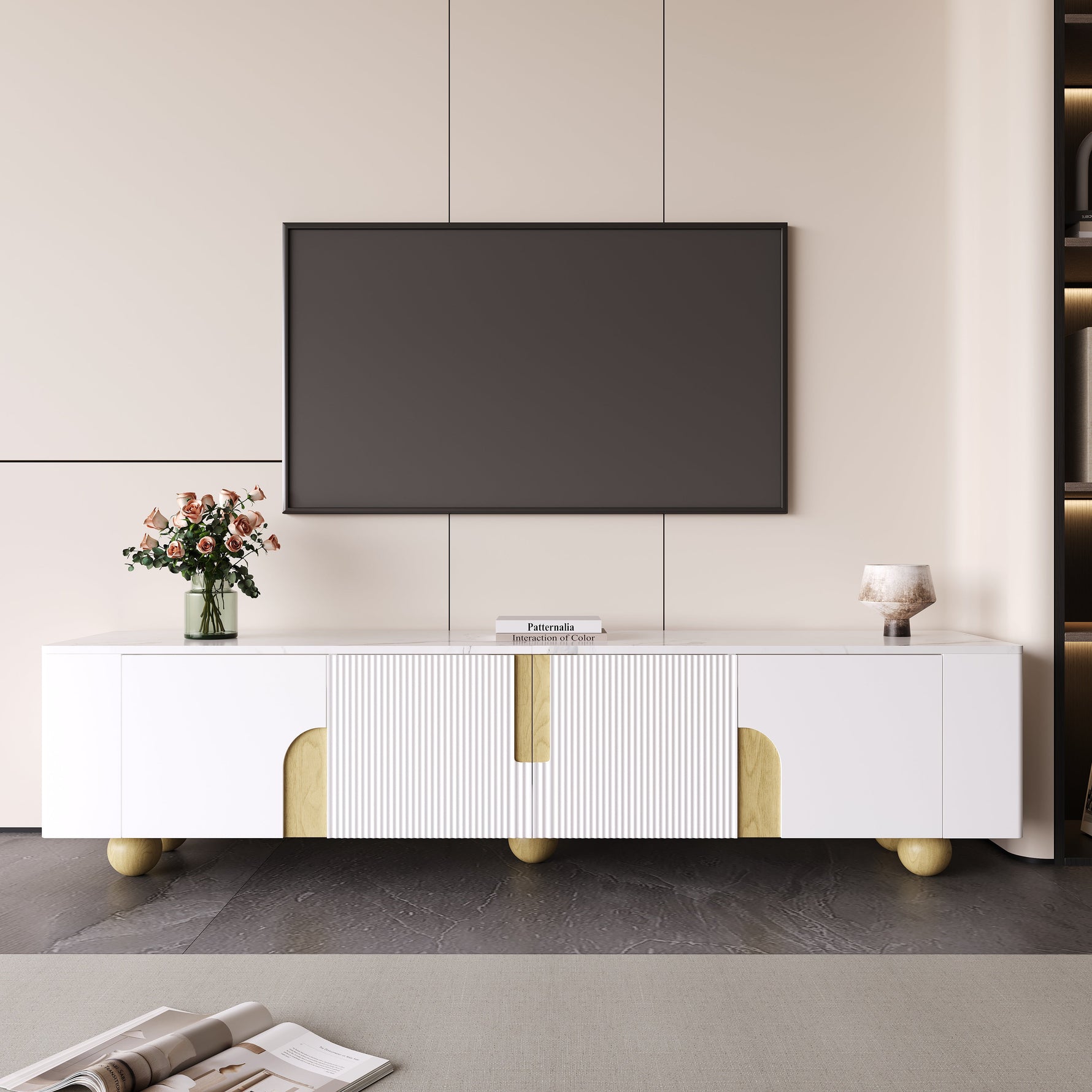 TV Cabinet 180cm 4 Doors Marble-Effect Spherical Feet, White