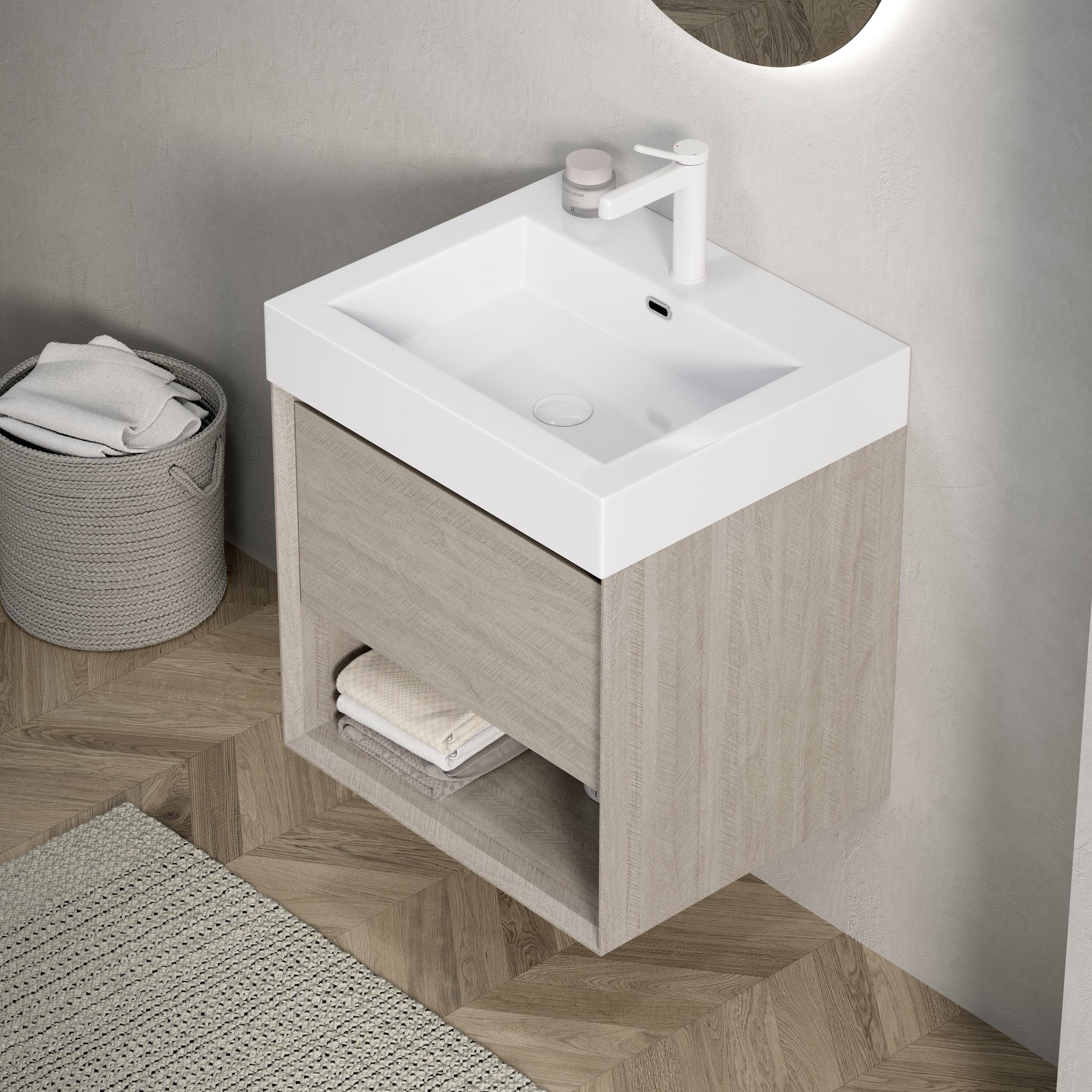 Bathroom Vanity Unit with Resin Basin and Storage, Light Oak Wood Grain
