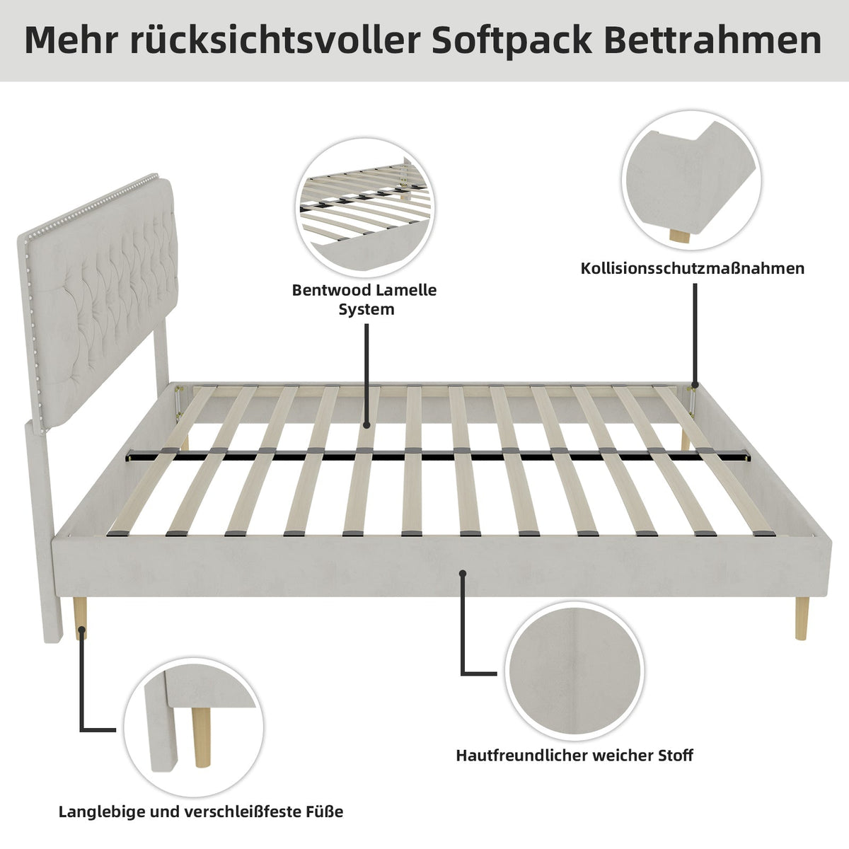 Modern Minimalist Soft Bed, Comfortable Headboard, 160x200CM, Beige