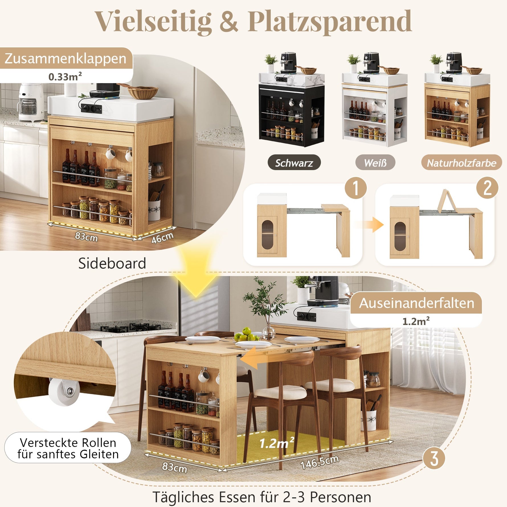 Kitchen Island on Wheels Extendable Dining Table Power Strips & Hooks - Natural