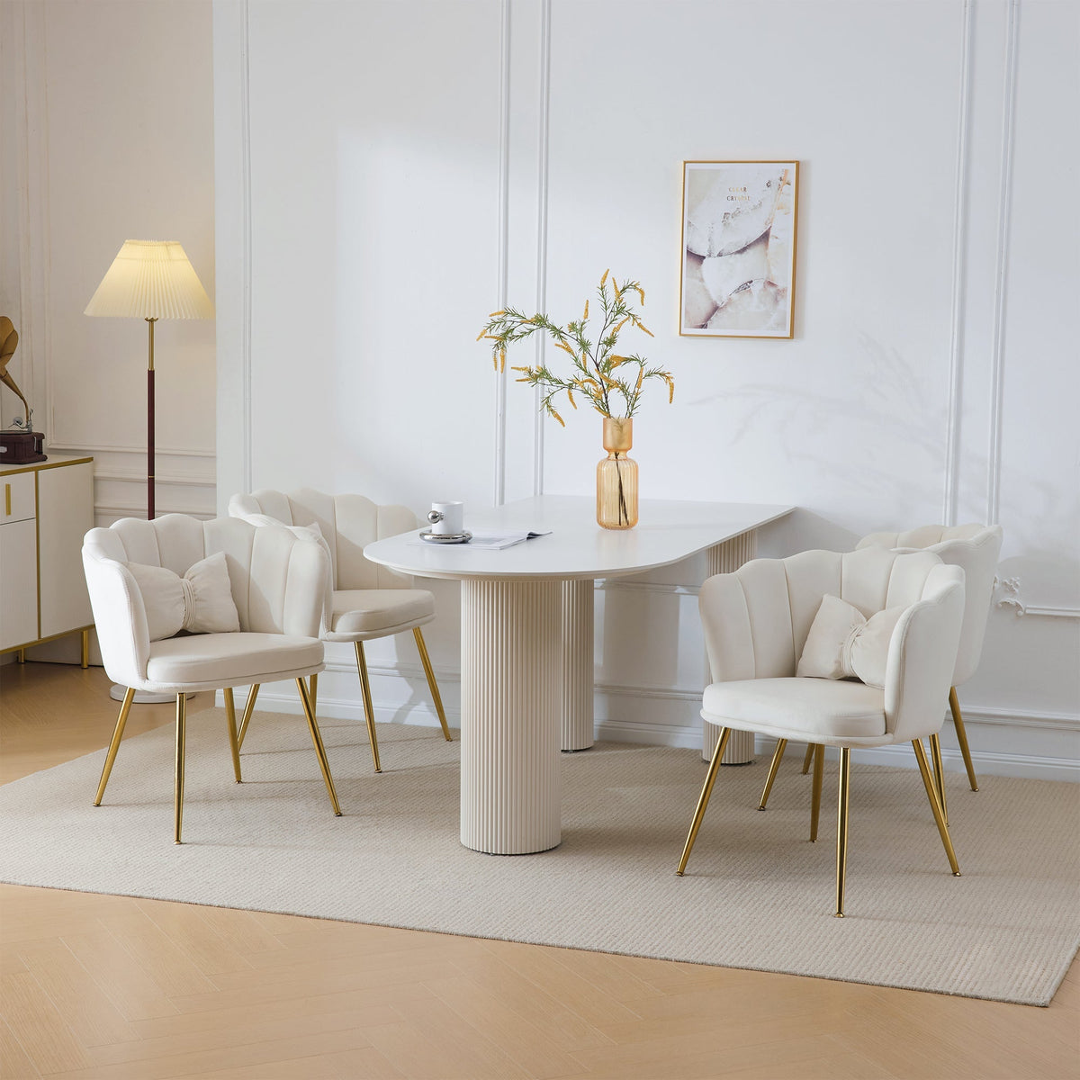 Chairs, 4 Modern Velvet Petal Back Upholstered with Gold Metal Legs and Butterfly Cushions, Velvet