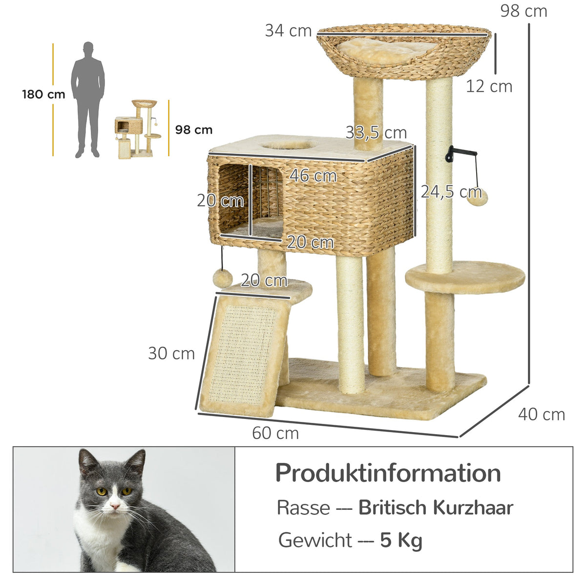 Cat Scratching Post, 98cm 2 Resting Areas Play Ball, Sisal Beige