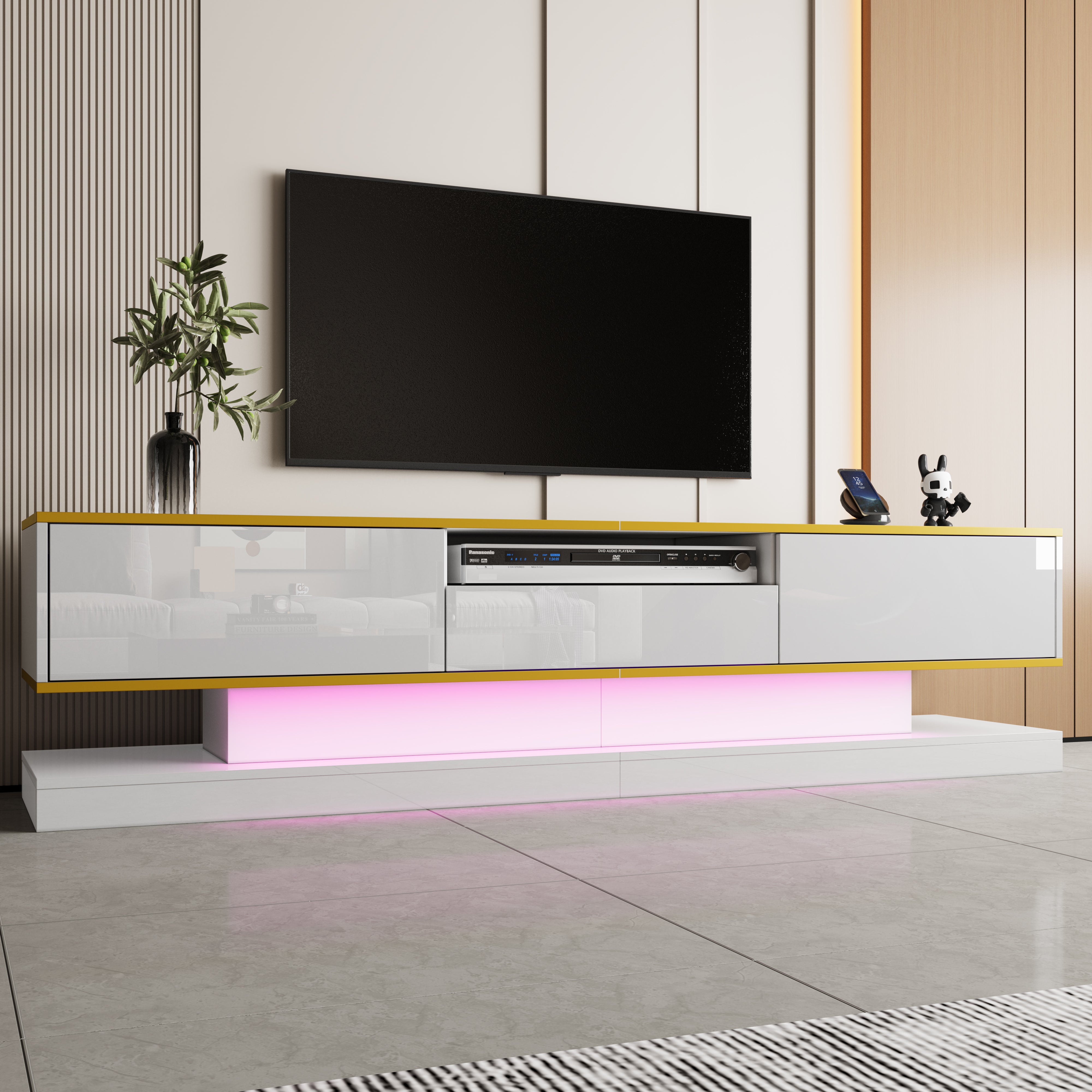 Modern TV Cabinet, 3 Drawers Open Compartment LED Lights 180x38x45cm, High Gloss