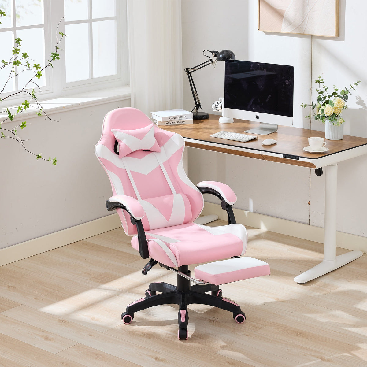 Gaming Chair Ergonomic Racing High-Back Swivel with Footrest & Lumbar Support Leather White & Pink