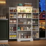 Multifunctional Kitchen Cabinet with LED Sensor Light and Adjustable Shelves, White