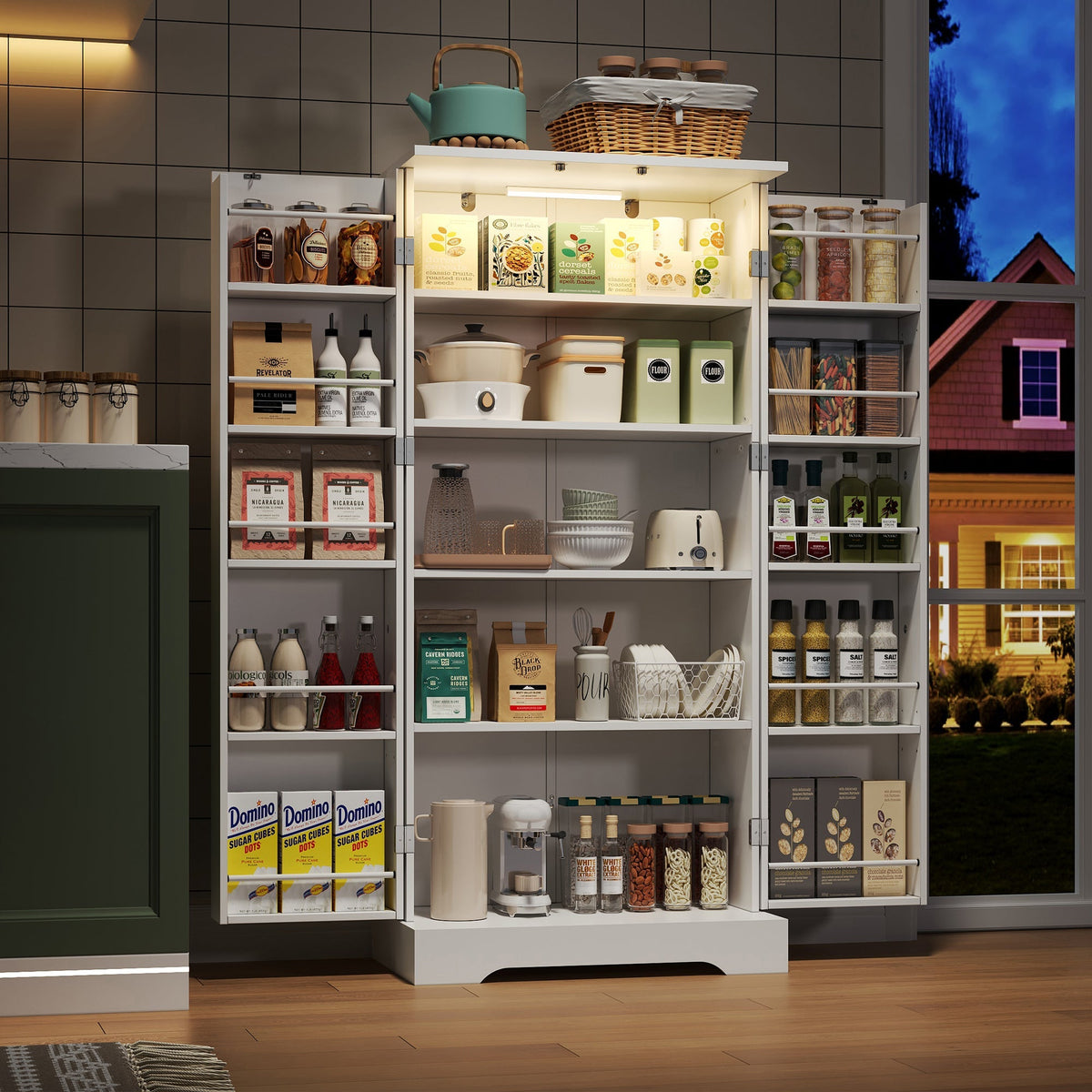 Multifunctional Kitchen Cabinet with LED Sensor Light and Adjustable Shelves, White