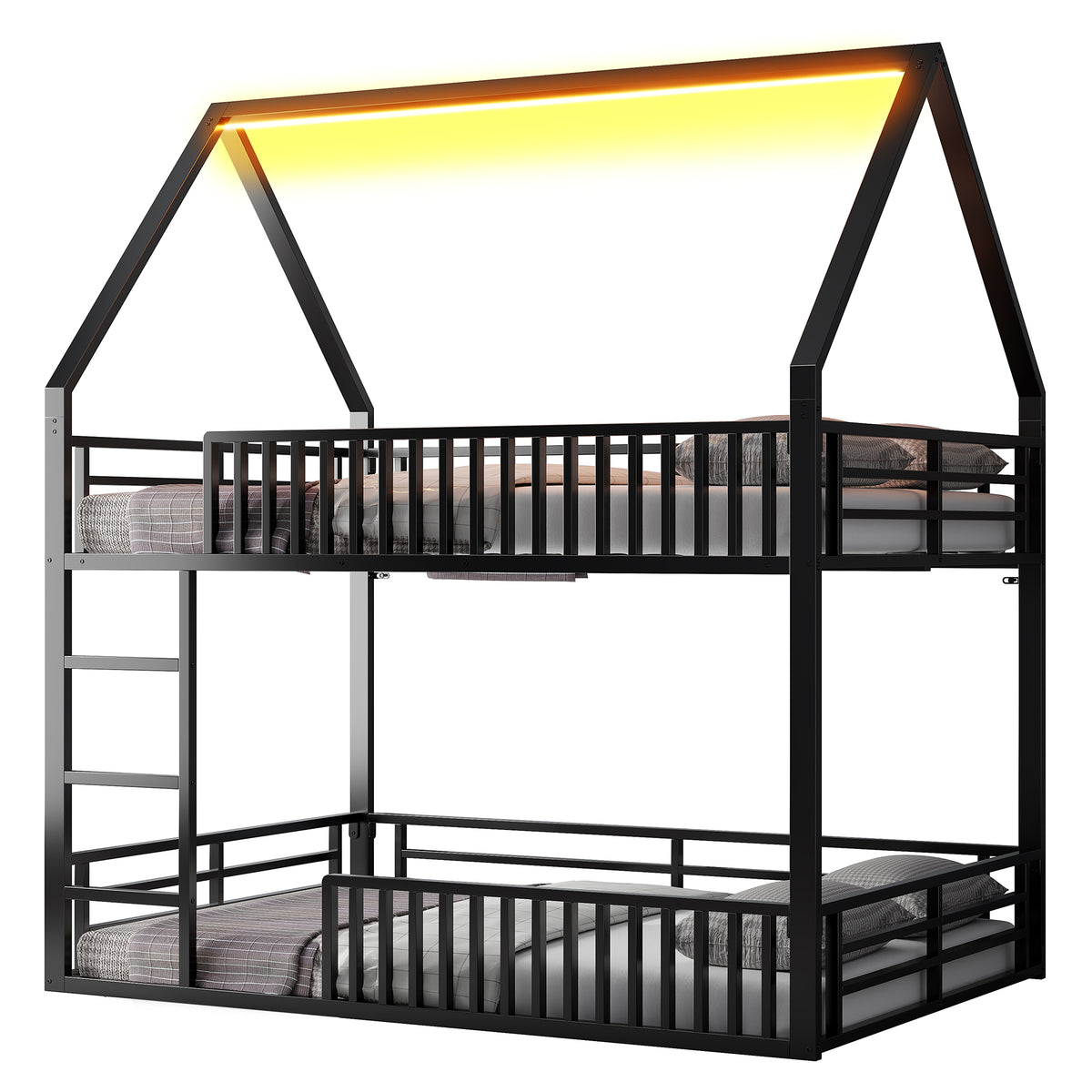 House-Shaped Bunk Bed 140x200 with Fence & LED Light, Black