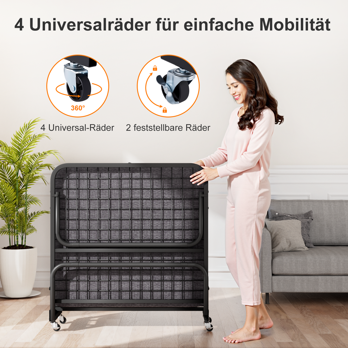 Folding Bed 90x190cm 10cm Memory Foam Mattress, Wheels, Black