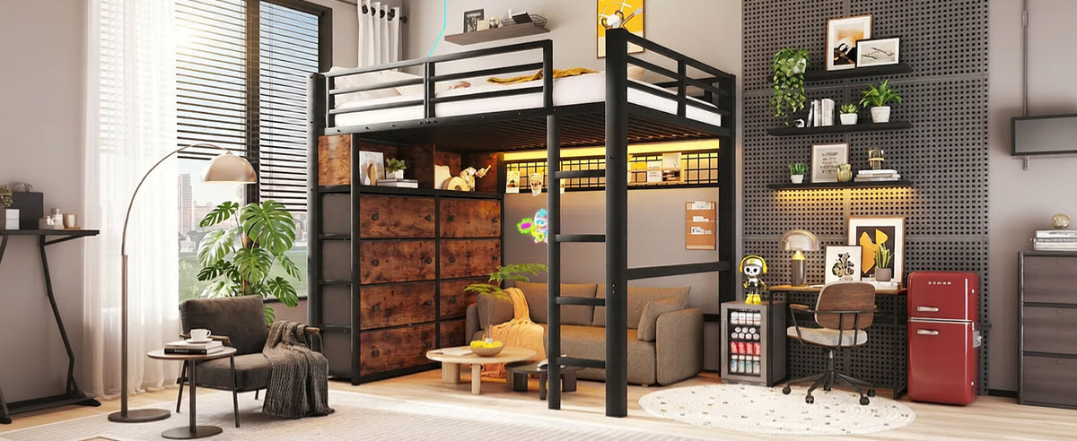Loft Bed 140x200cm with 8 Drawers & LED Lighting, Black Metal