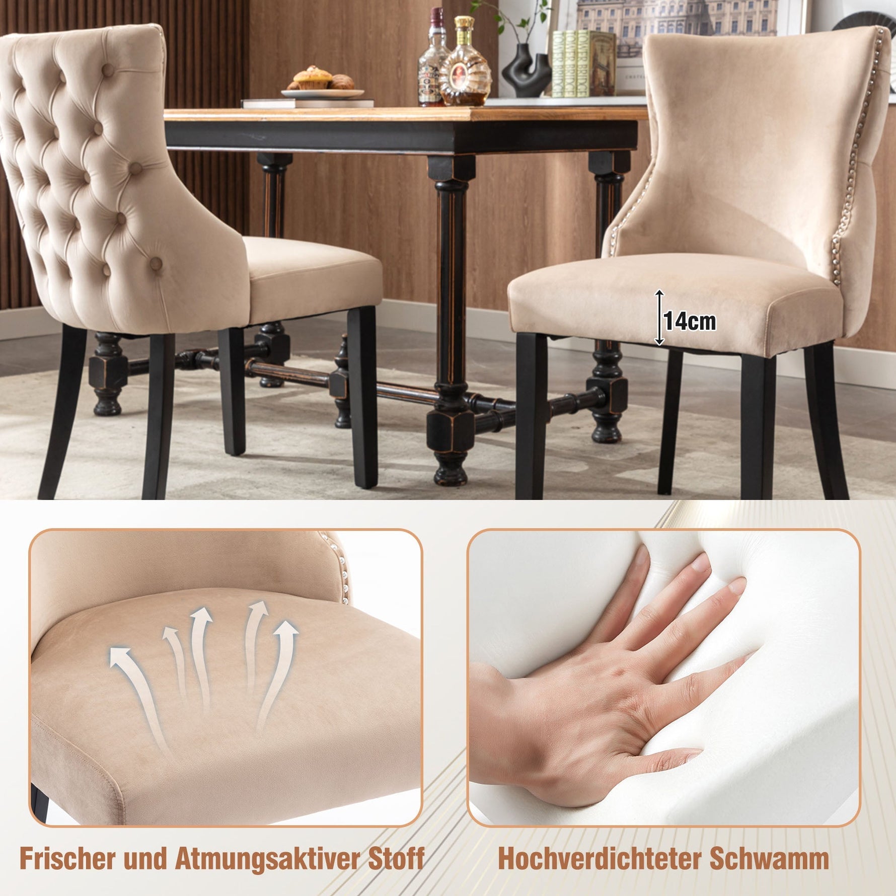 Dining Chair Set of 2 Button Tufting Solid Wood Frame Beige Velvet