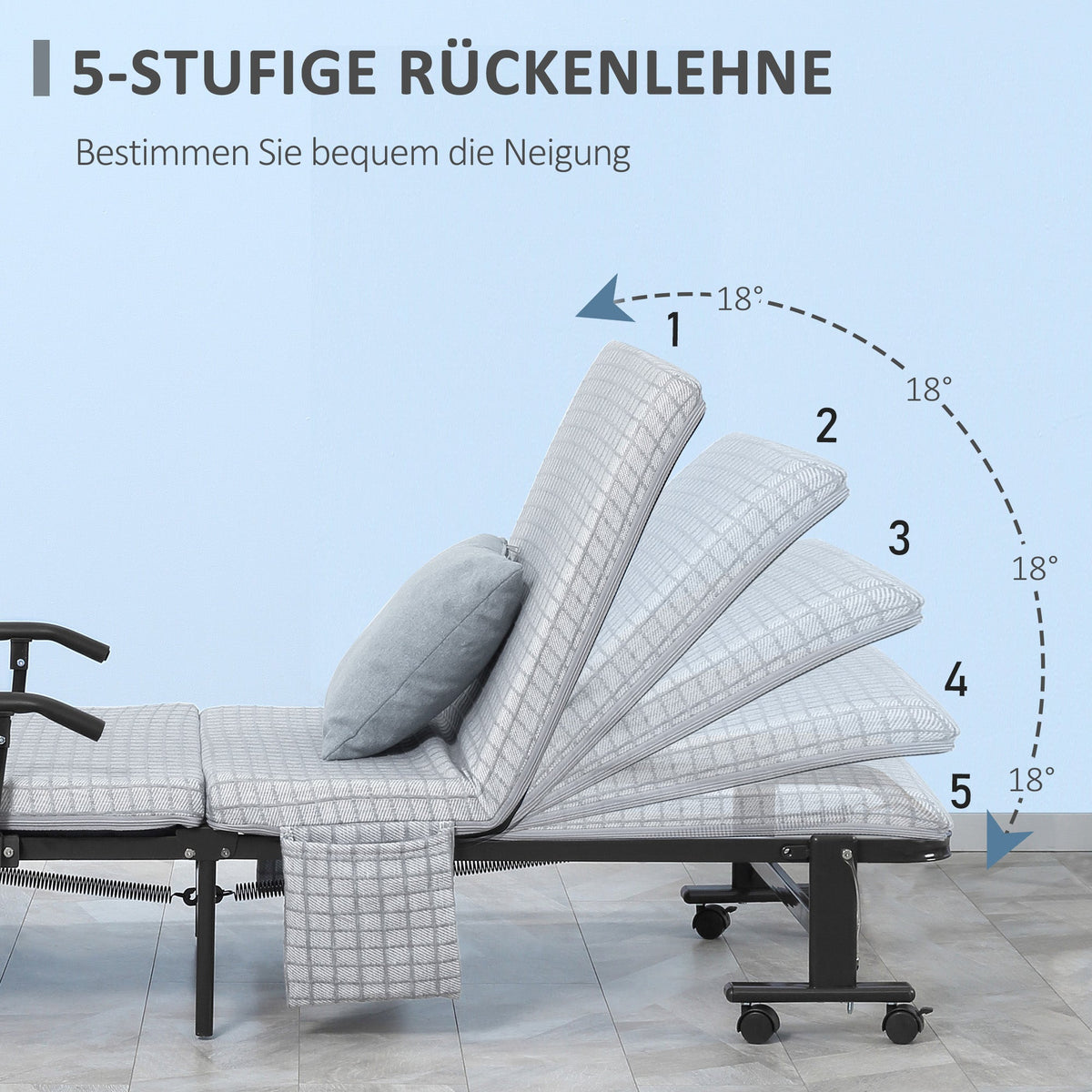 Folding Guest Bed, Adjustable Backrest, Wheels, Steel Frame, Light Grey/Black, 190x76x33cm