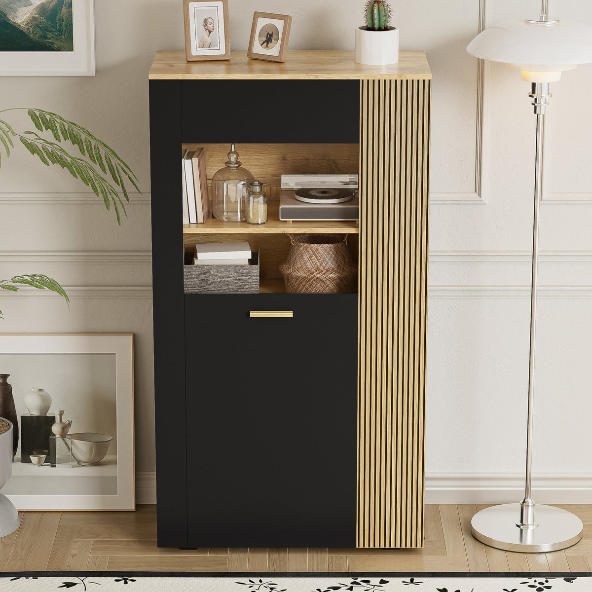 Modern Storage Cabinet, 16-Color LED Lights, Adjustable Shelves, Cable Management, PB with Glass Doors
