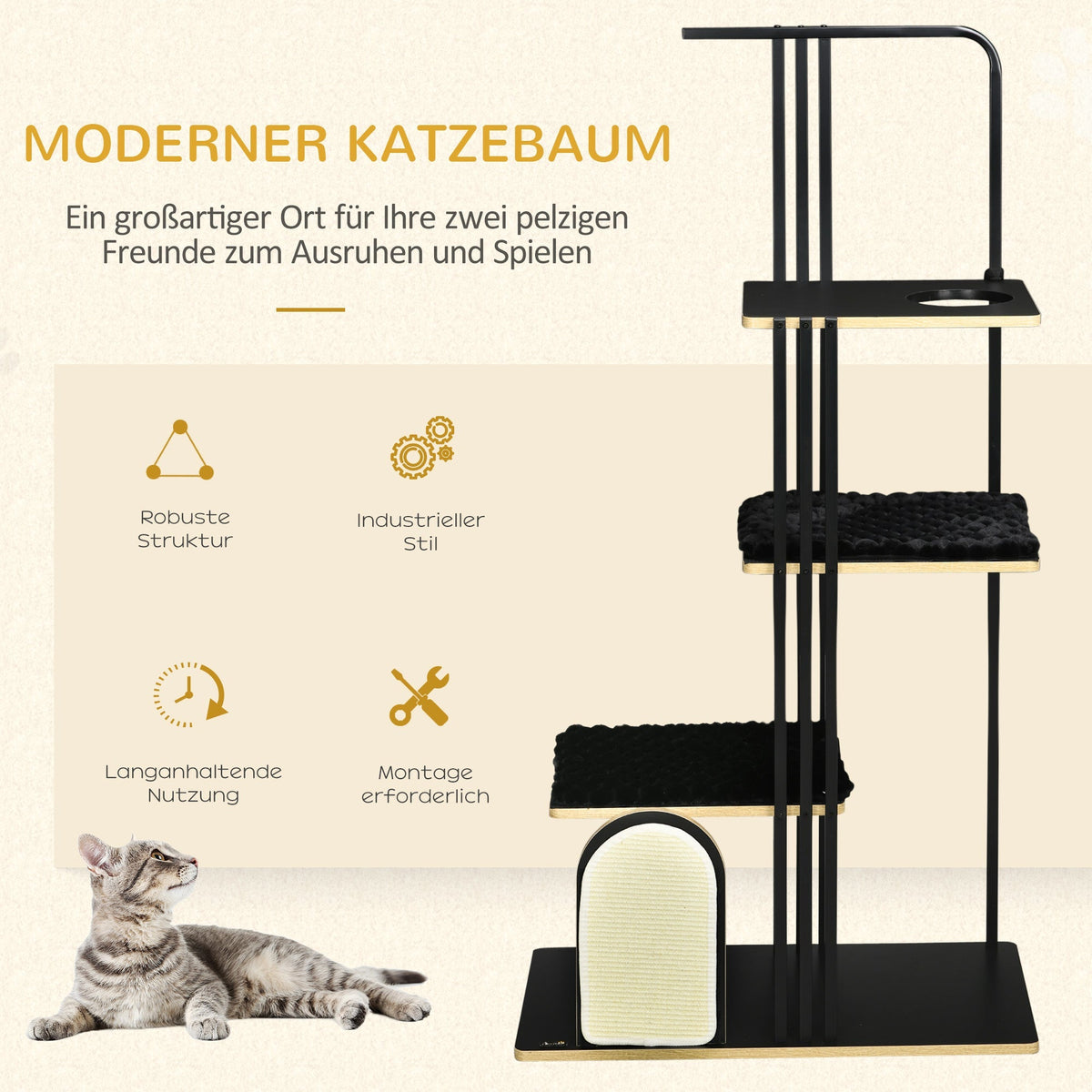Cat Tree Large 170cm Cushion 3 Platforms Steel Black
