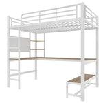 Loft Bed with Desk, USB Sockets, LED Strip and Pegboard, White Metal Frame