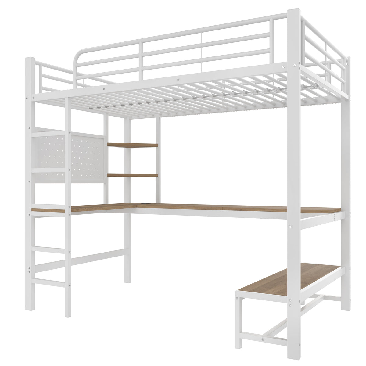 Loft Bed with Desk, USB Sockets, LED Strip and Pegboard, White Metal Frame
