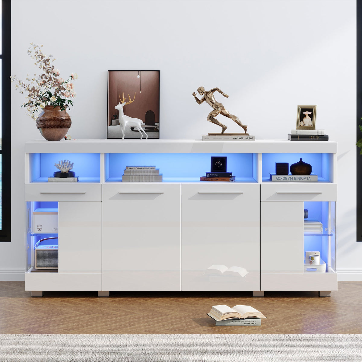 Side Table High-Gloss Sideboard 140x40x70cm LED Light 3 Compartments, White